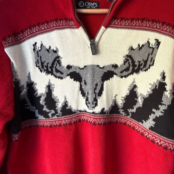 Vintage chaps Nordic moose quarter zip sweater men’s size large red holiday - Picture 2 of 8
